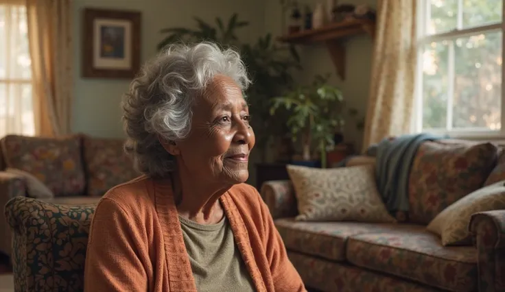 “Create a realistic image of a 70-year-old Black woman sitting in a simple but tidy house. She has graying hair, a warm and content expression on her face, and is dressed in modest, comfortable clothing. The background shows a well-kept, cozy living room w...