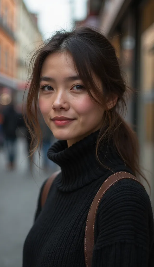 Sofia, wearing a black sweater, is met with a small smile and a blurry street in the back.
