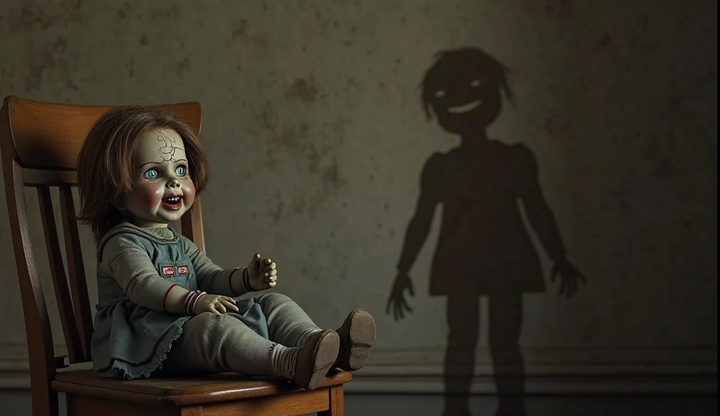 "The Smiling Doll" – A tattered porcelain doll sits on a chair in a dimly lit room. Its face is cracked, but its painted-on smile remains perfect. In the background, a faint shadow of a full-sized figure with the same exact smile stretches along the wall.