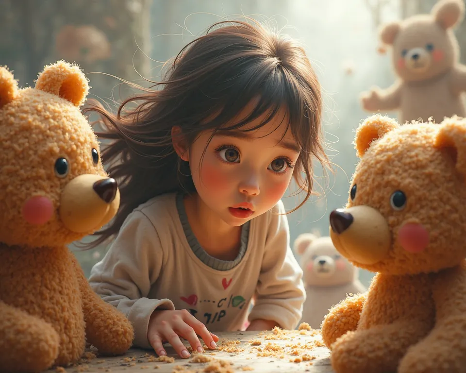 A sketch of a scene in which her hair looks for clues with the worried facial expressions of Gingerbread Cookies and Strawberry Girl and Caramel Bear."