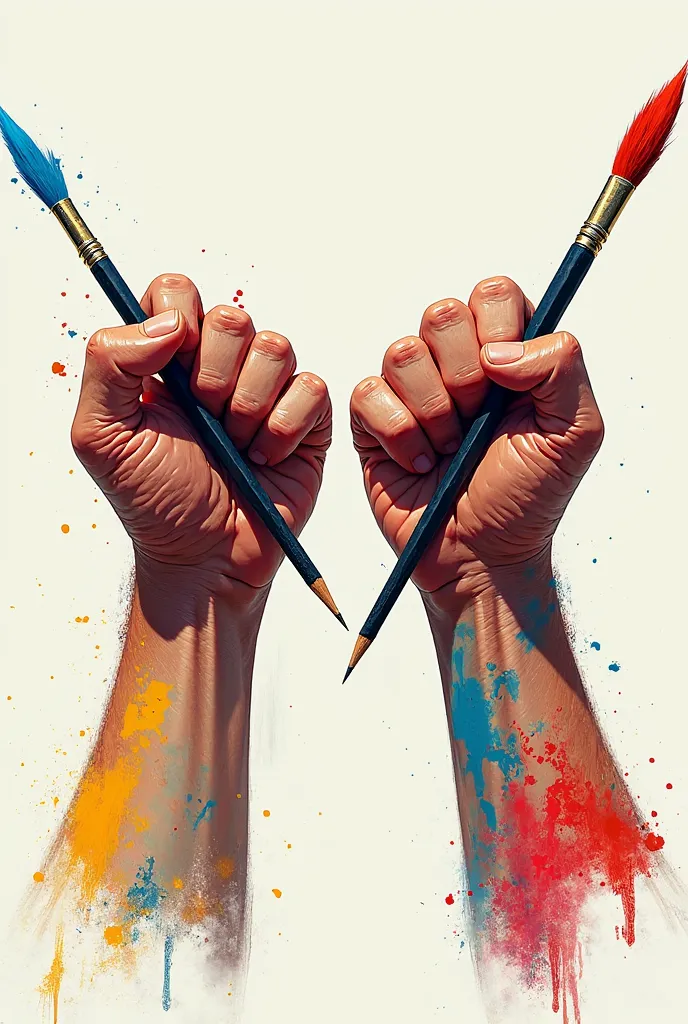 Drawing of two paint-stained fists holding a pencil and a brush 