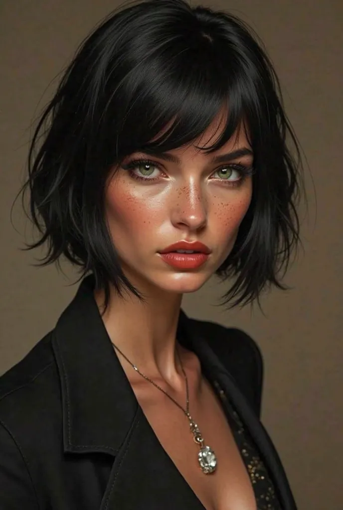 Woman 30 years old. Green eyes short black hair Chanel freckles. sexy clothes