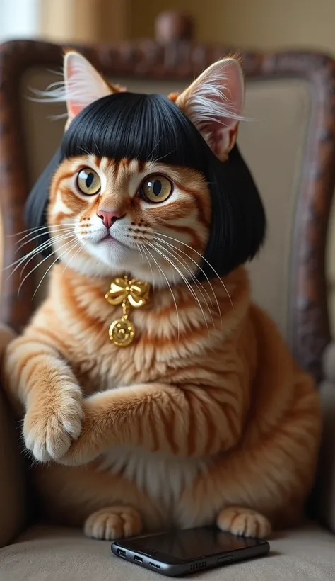  Cute cat with brown fur , brown eyes, smooth Chanel style wig short in black with collar. Of gold She is sitting in a rocking chair with a cell phone on her paw 