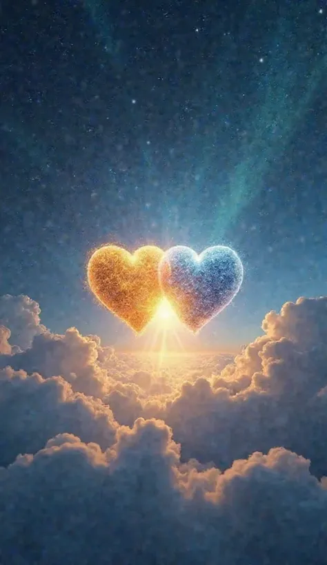 Two glowing hearts made of pure light, one golden and one blue, float in the air and slowly merge at the center of a vast infinite horizon. Tiny rays of energy radiate from the point of union, creating a subtle burst of white and golden light, symbolizing ...