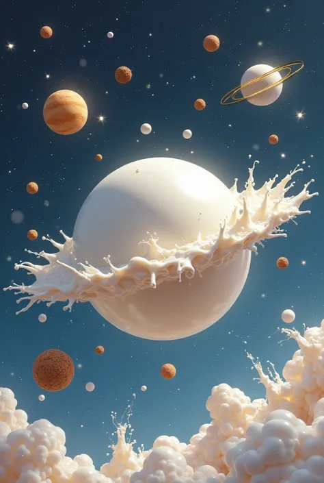 Imagine a spherical planet made entirely of milk, floating in the immensity of space. Its surface is soft and shiny, with a pearly glow that reflects light from nearby stars. Small waves and swirls of liquid milk move slowly, as if it were in a state of we...