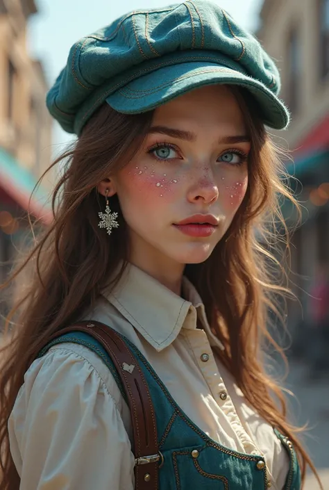 Fantasy woman with long brown hair, beautiful blue eyes, sweet face, pinkish white skin, snowflake earrings, newsboycap hat, blue-green plaid hat, cowgirl outfit behind cowboy city