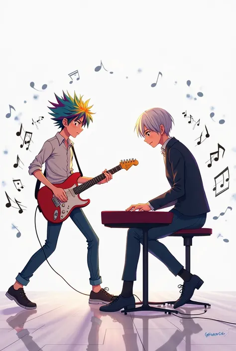 two anime-style musicians on a white background