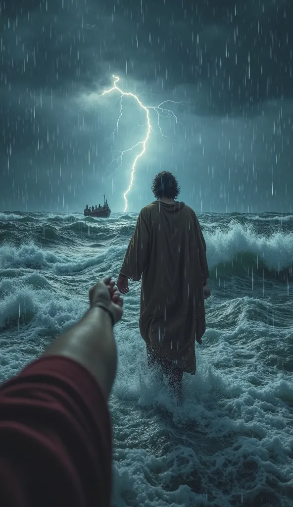 "A first-person perspective of me, as Peter, walking on the stormy sea at night. My arm is visible in the foreground, extended in a natural first-person angle, reaching forward. Jesus is in front of me, walking on the turbulent water with His back turned t...