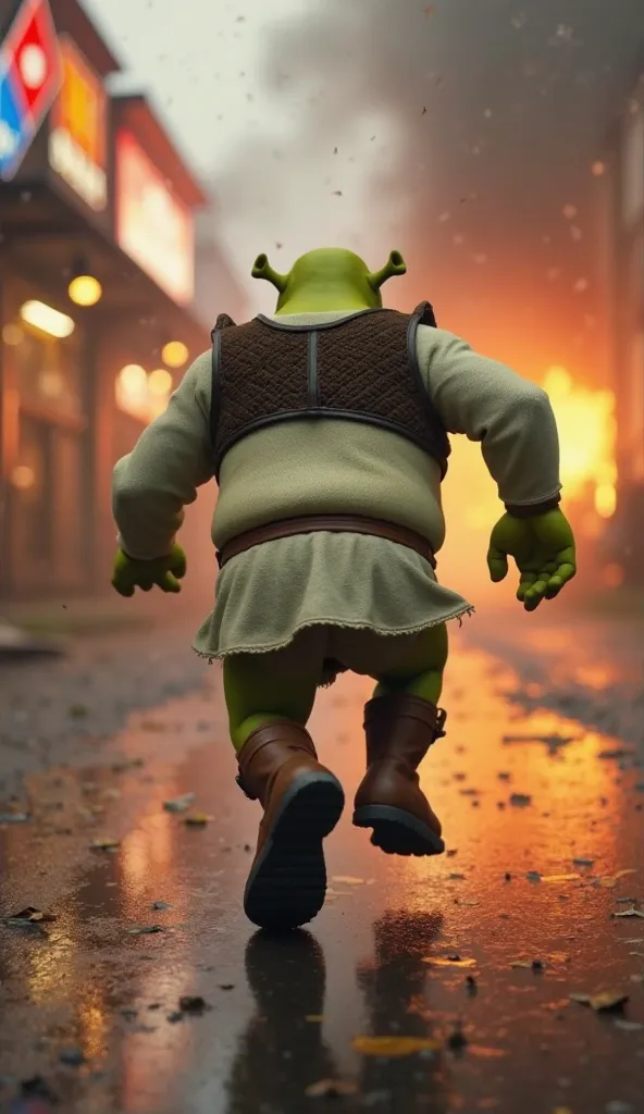 A cinematic and dynamic action scene featuring Shrek running away with his back turned toward the camera. His arms are slightly raised, and his posture suggests panic, urgency, or fear as he tries to escape from something behind him. The scene is full of m...