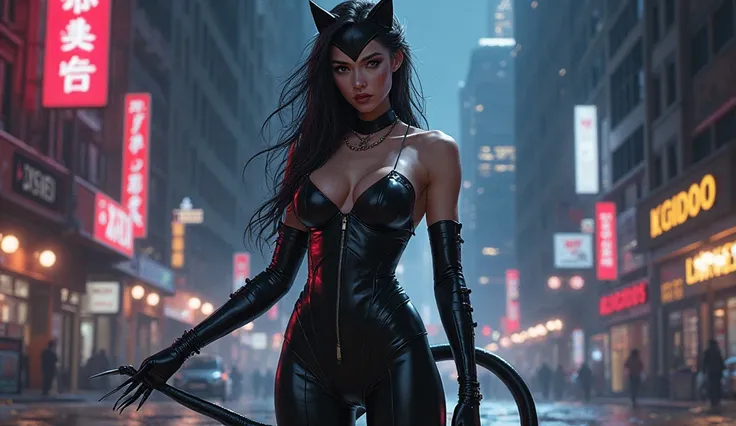 a sexy catwoman, feline beauty ,  seductive expression , bold pose , Feline movements,  bright feline eyes , soft leather, tight black leather outfit, sharp nails, wavy tail,  night city background ,  Bright neon lights , dark and mysterious environment, r...