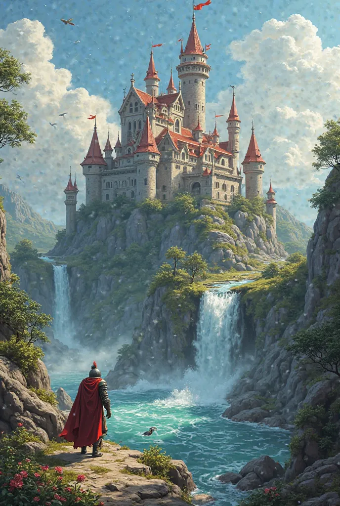 Create a land called Silvialand. In this land there is a castle, A pair or games, a chocolate waterfall, a knight in front of the castle on the steed. Behind the castle is the sea and a mermaid on a life jacket. The world is full of fairies and cats