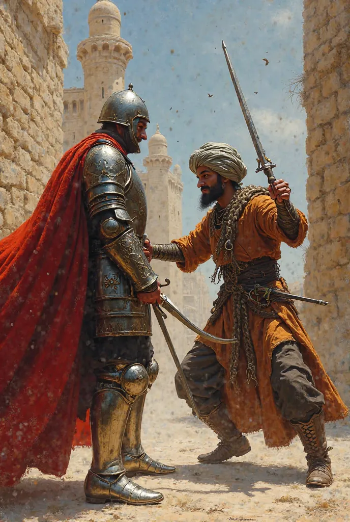 Draw a crusader with an ottoman soldier brandishing a sword at someone