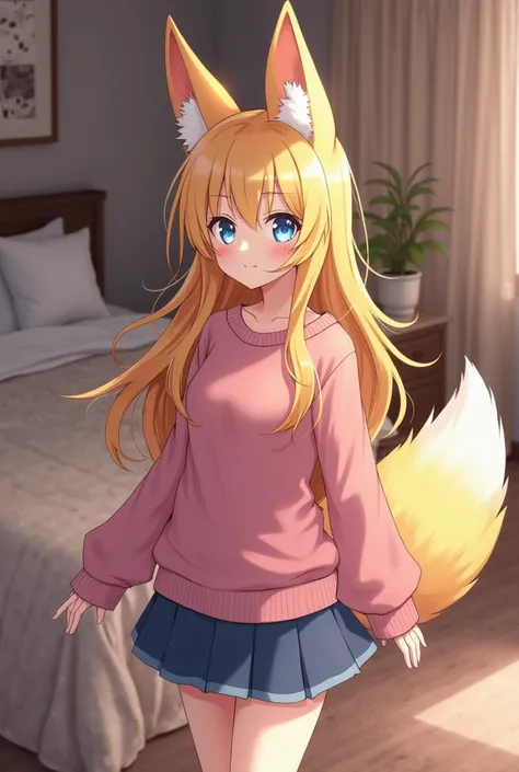 Anime-style girl with huge desert fox ears and a big fluffy and sexy tail, with golden hair and blue eyes , wearing a pink sweater and a short blue skirt, walking in a beautiful setting of a sexy bedroom with a man tied to the bed gagged wanting to let loo...