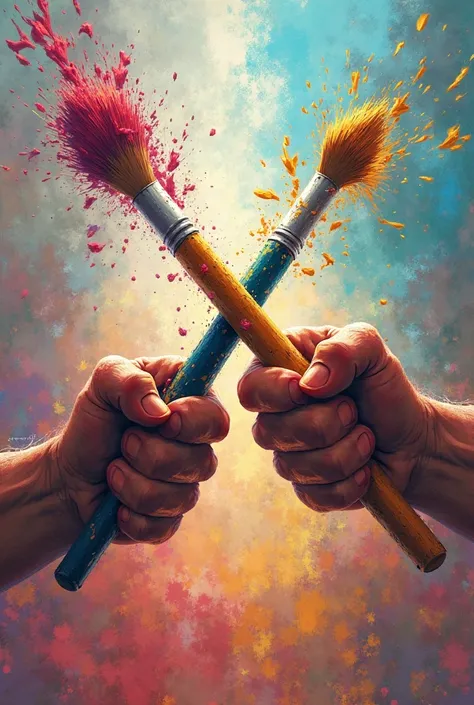 Animation of two fists holding a pencil and a brush forming an X and behind a rain of paint