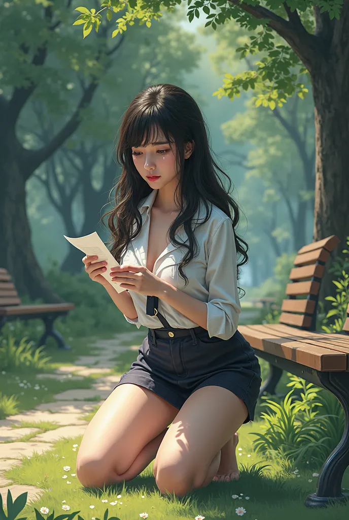 
(((manhwa style))), 1 woman, slim, sexy, uniform, very short skirt, white blouse, (big breasts:1.3) ((full body image)) park, trees, grass, benches, a path, park, trees, grass, bench, a letter in her hand, sad face, ((tears on her cheeks)) (((not a postma...