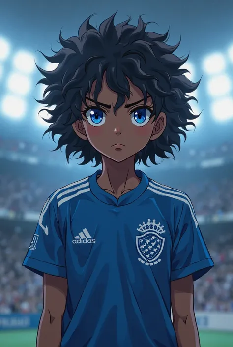 Create my inspired human anime character Blue Lock he has dark brown skin medium curly black hair well-trained body eyes panther eyes color blue face of a serious king wear soccer clothes