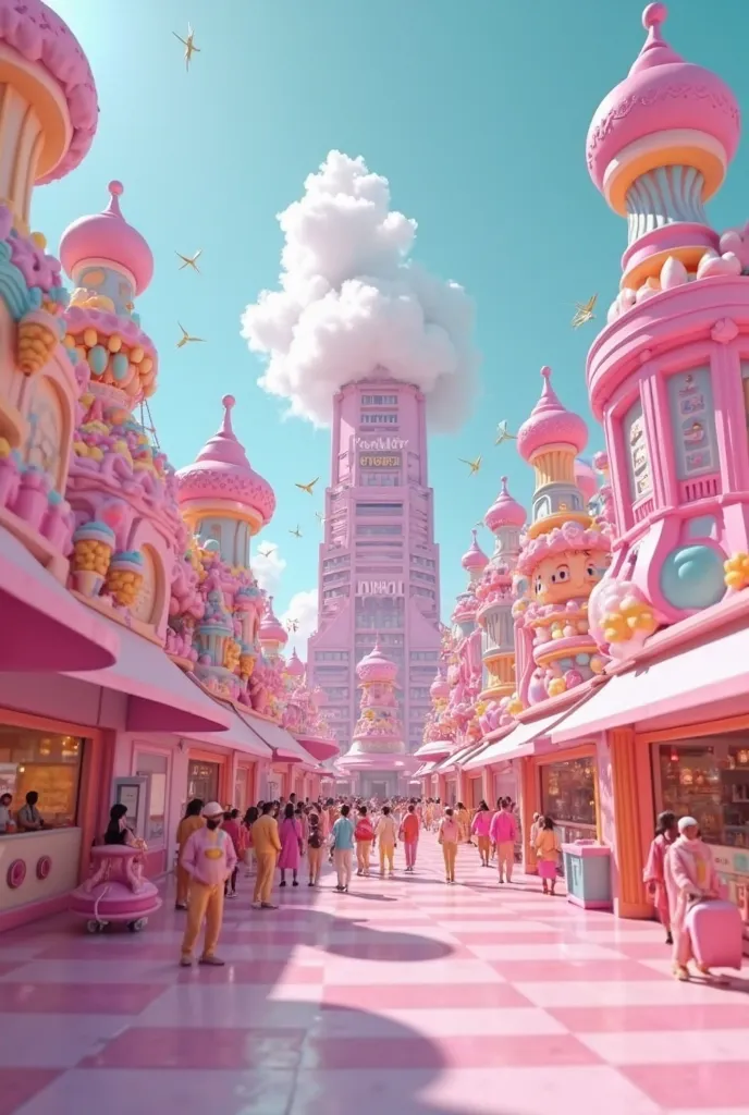 A A pastel-colored futuristic city where everything looks like a cartoon come to life. The buildings are shiny and smooth like plastic, shaped like smiling emojis, cupcakes, and oversized toys. The sky is a perfect baby blue with no clouds, and everyone is...