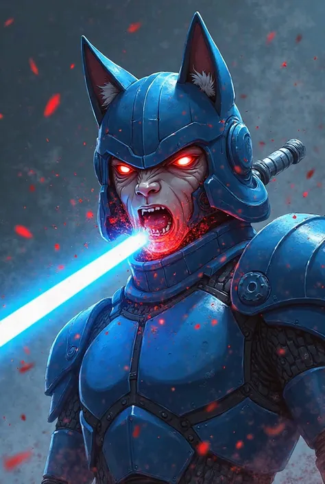 2D anime-style illustration, showing in the foreground the exact moment when an anthropomorphic soldier wearing blue metallic armor and a wolf-shaped helmet is beheaded with a blue lightsabre. The image captures the action with drama, showing the blade of ...