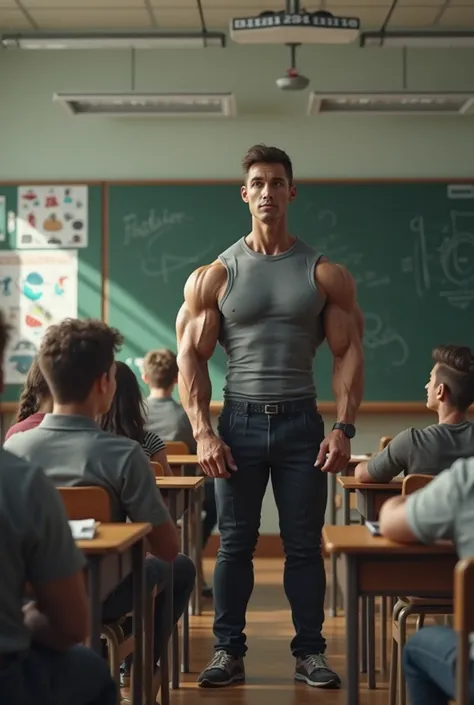 Full class of students learning about anabolic steroids with jacked professor wearing a shirt