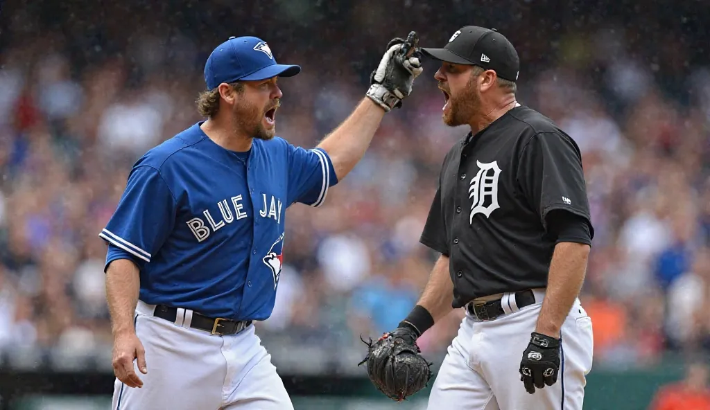 Create a picture of two players from Blue Jays (blue shirt and white trouser) and Detroit Tigers (black shirt and white trousers) in uniform with their team logos on shirts and caps. The picture should show these players are angry and shouting on eachother...