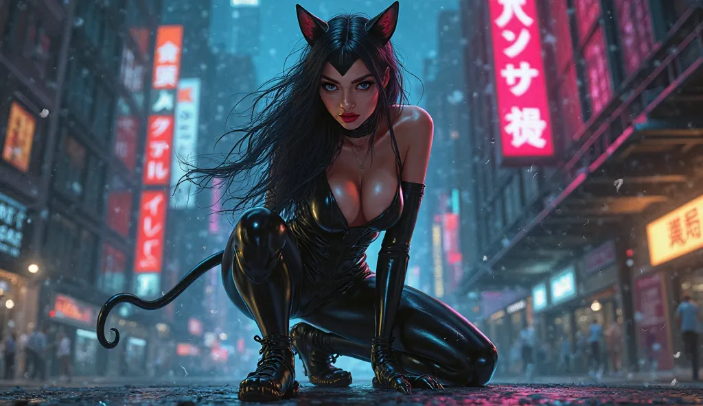 a sexy catwoman, feline beauty ,  seductive expression , bold pose , Feline movements,  bright feline eyes , soft leather, tight black leather outfit, sharp nails, wavy tail,  night city background ,  Bright neon lights , dark and mysterious environment, r...