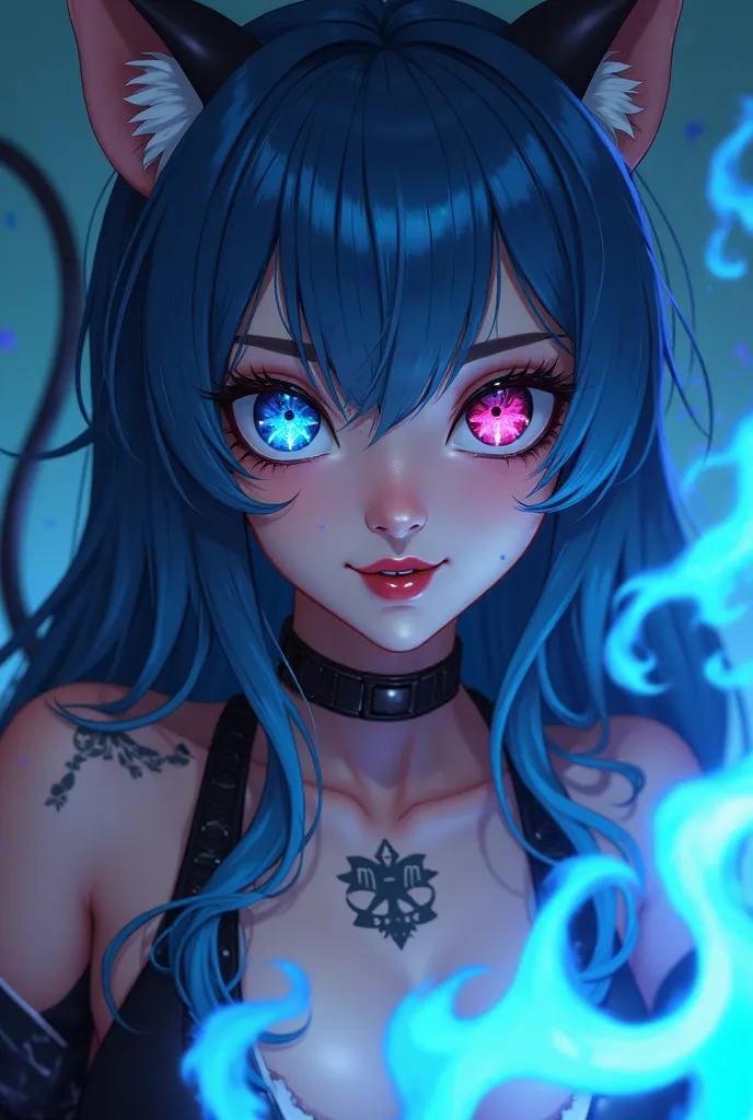 woman, right eye blue, left eye pink, eyes reflecting stars, close-up eyes, dark lips, tattoo, big lips, choker, devil smile, long blue hair, evil look, evil smile,  blue cat ears, long black nails, wearing black latex costume, military black high heels, s...