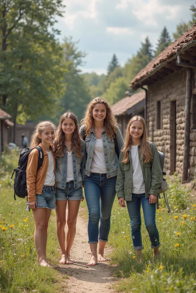 Realistic photo, three 14-yo schoolgirls and female guide smiling and standing barefoot in open air museum in Poland