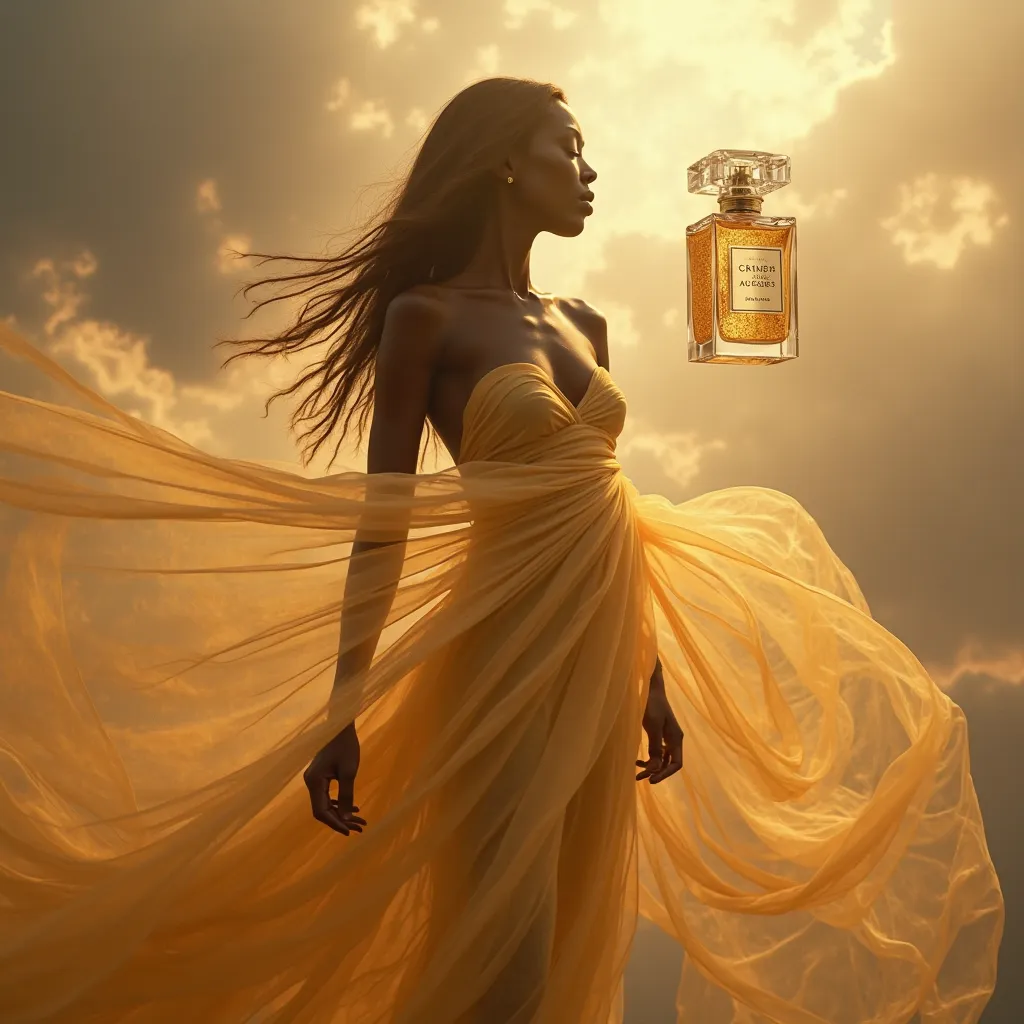 📷 visual: A black model with perfect features floats in the air, wrapped in golden veils that move as if they had a life of their own. The skin reflects light in a heavenly way, and the perfume bottle hangs next to it, made of opalescent crystal. The backg...