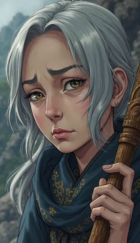 . A close-up of the face of a wise character, with slightly wrinkled features and deep eyes that reflect sadness and wisdom. Her hair is gray or white, softly flowing around her face.. She wears a dark robe with limbs decorated with gold or silver details....