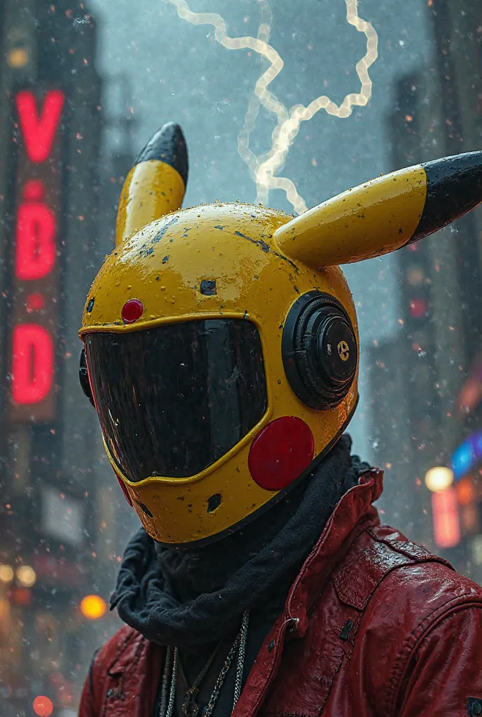 Create a Pikachu helmet in a dark lightning background and write with a red colors VD ON STREETS 