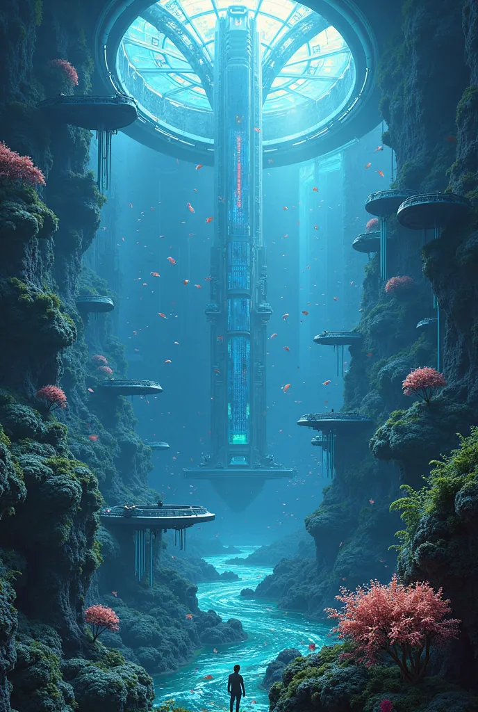 A A breathtaking underwater megacity, glowing with soft neon lights in the endless blue abyss. Transparent domes shield entire districts, while others are left open to the ocean, with oxygen bubbles keeping the water at bay. Massive glass tunnels connect s...