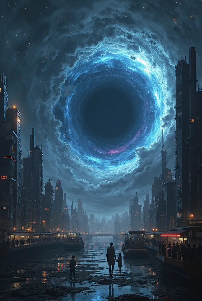 A dark, mysterious futuristic city built in a perfect ring around a controlled black hole, which serves as its infinite energy source. The black hole, a swirling vortex of deep blue and violet light, hovers in the exact center, pulling everything toward it...