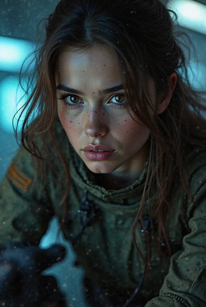 Brunette woman playing Call of Duty
Very pretty with a molded military outfit  
