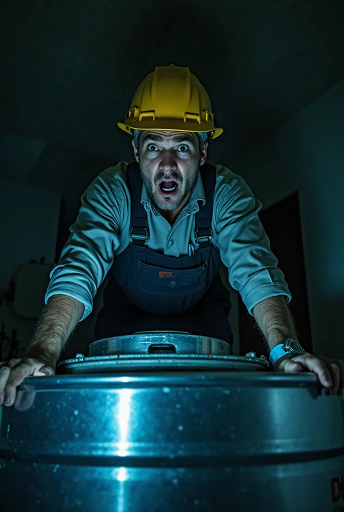 "A low-angle view of a hotel maintenance worker standing on top of a large metallic water tank, with the lid slightly open. He is wearing a standard maintenance uniform and a yellow safety helmet. His face is illuminated by a dim bluish light, highlighting...