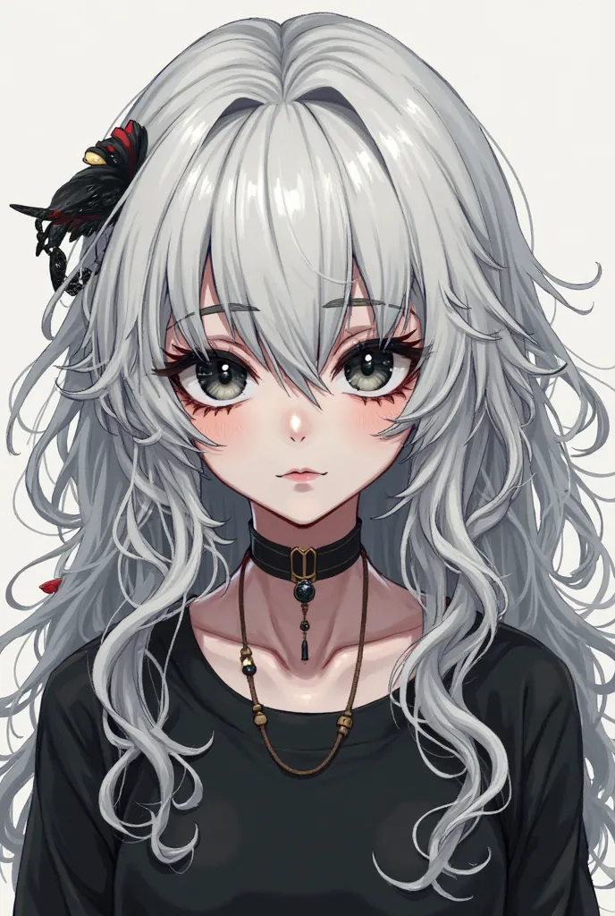 An anime girl, JJK style like. With white curly long hair, whose haves a black strand of hair in the left side of her bangs. With a pale skin and black eyes and a grunge style.