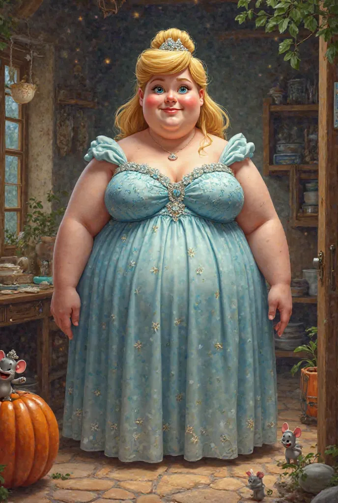 Disney princess Cinderella as if she were fat , obese . Cartoon extremely similar to the original 