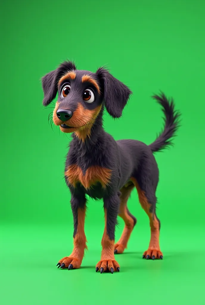 A scruffy Chilean stray dog (kiltro) standing on a completely solid green chroma background. The dog is medium-sized, with a mix of black and brown fur that appears unkempt and slightly matted, especially around the neck and tail. His body is lean, with vi...