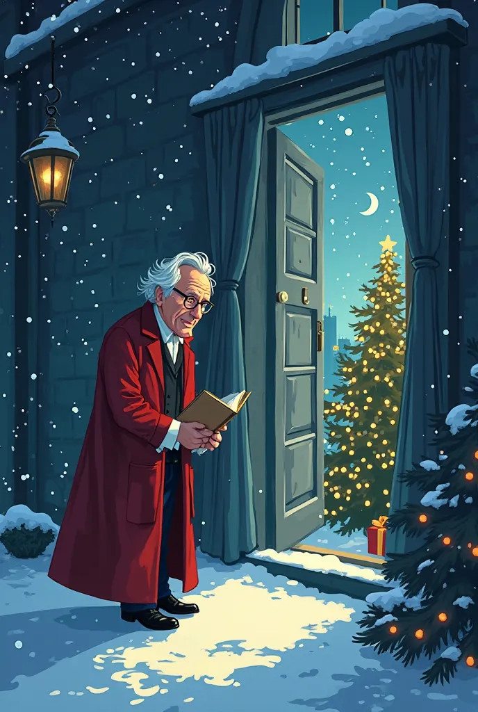 fait moi une imagine style dessin animé qui represente et resume le texte suivant : Dans le dernier chapitre de A Christmas Carol, Scrooge se réveille transformé après sa rencontre avec les trois esprits. Il est rempli de joie et de gratitude, réalisant qu...