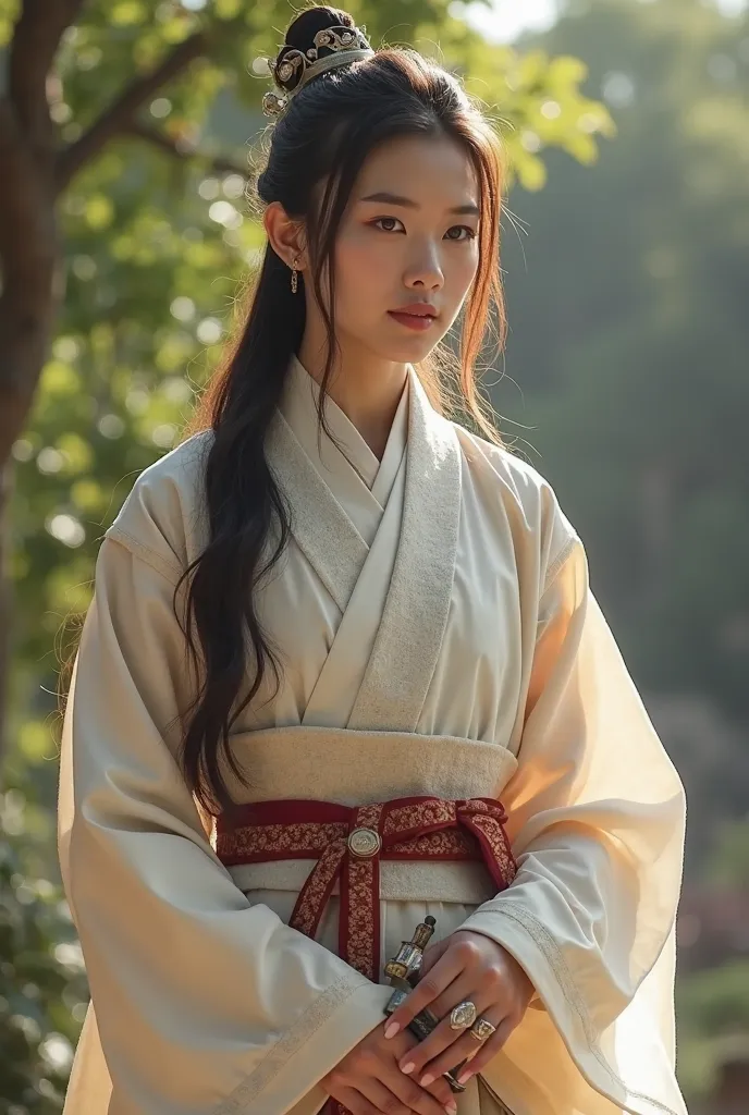 Beautiful princess soldier of the Joseon Dynasty, In the gardens of a large palace, With a hilt sword, light elegant clothes, long hair, Hair wearing elegant men's clothing, simple hairstyle,  without accessories on my head