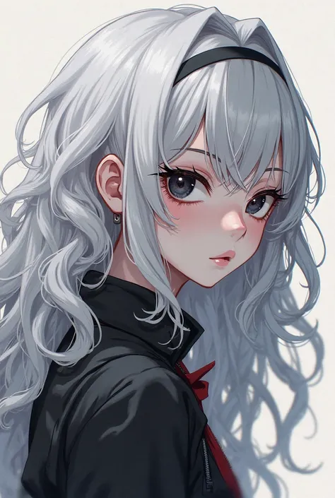 An anime girl, JJK style like. With white curly long hair, whose haves a black strand of hair in the left side of her bangs. With a pale skin and black eyes and a grunge style.