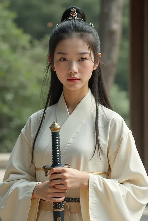 Beautiful princess soldier of the Joseon Dynasty, In the gardens of a grand palace, With a hilt sword, light elegant clothes, long hair, hair wearing elegant menswear, simple hairstyle,  without hair accessories 