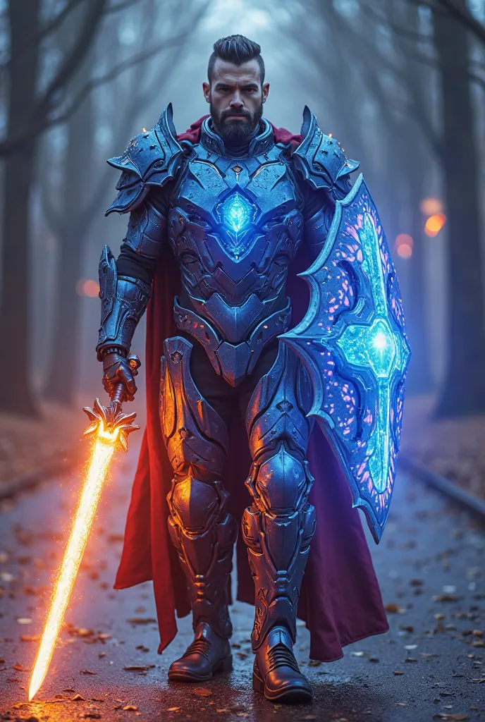 Full body shot of a male warrior wearing a hi tech, cibernetic, futuristic, blue, violet and orange mixed glowing plasma energy powerarmor, and his short beard glows trough the hi tech blue violet and orange mixed glowing plasma energy  Helmet, holding a g...