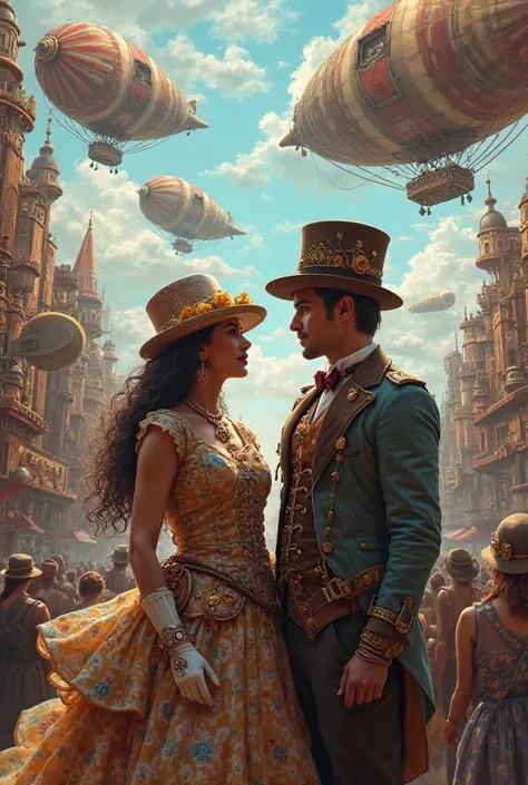 Affiche festival steampunk avec personnages costuméS victorien couple stempunk vaporistes fond dirigeables et engrenages