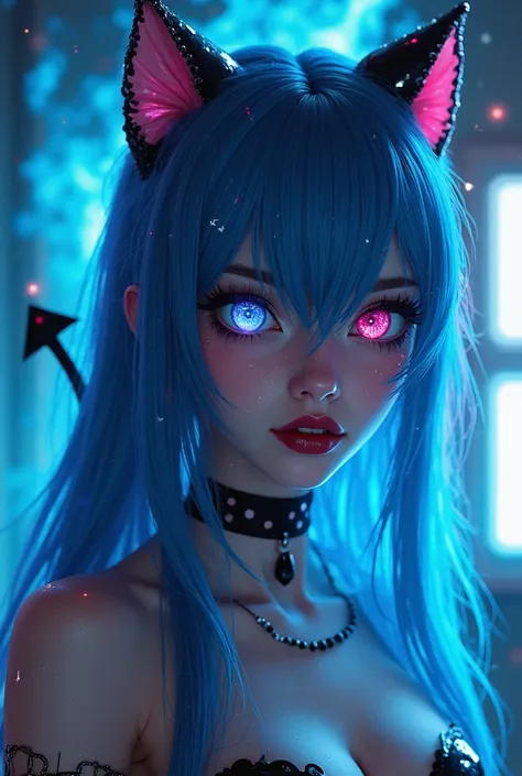 woman, right eye blue, left eye pink, eyes reflecting stars, close-up eyes, dark lips, tattoo, big lips, choker, devil smile, long blue hair, evil look, evil smile,  blue cat ears, long black nails, wearing black latex costume, military black high heels, s...