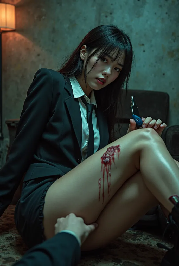 A beautiful Asian woman, nsfw, business suit with tie, micro miniskirt, long boots, suffering expression, crying, heavy bleeding from her thigh, ((((with a cutter blade impaled in her thigh)))), (((a man is cutting her thigh with a cutter))),(best quality,...