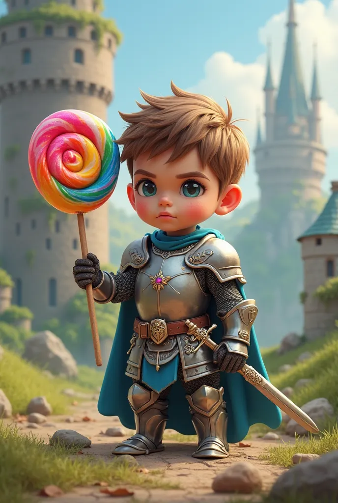 A boy in armor and a lollipop in his hand