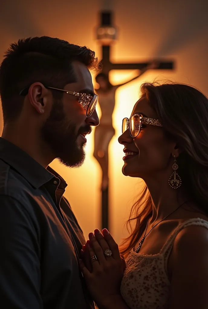 A photograph of a couple,  A man and a woman,  standing facing each other , with hands held. They are looking into each other's eyes, with an expression of love and devotion. In the background,  in the spotlight, The image of Jesus Christ Crucified , with ...