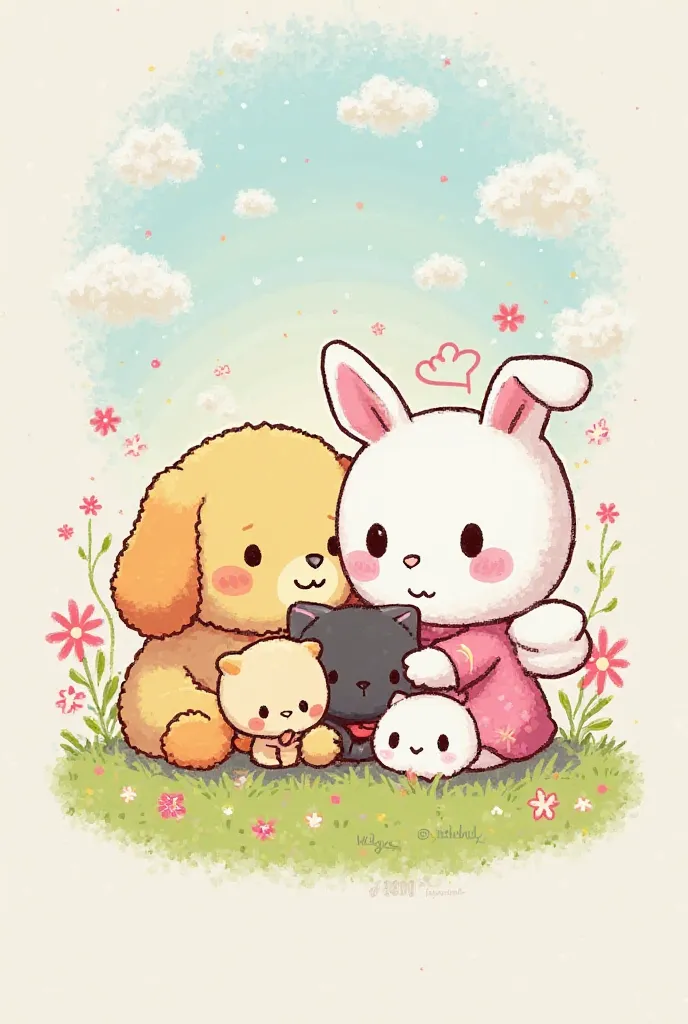 Create an image of Sanrio in which these characters are present: twins, pompompusher, Kuromi, hello Kitty e cinnamoroll 