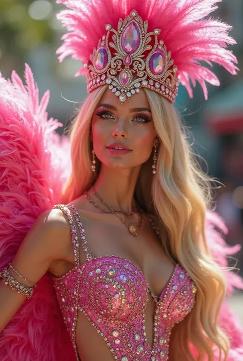 very attractive girl with very long very straight blonde hair, age 27, as barbie, dressed for Rio Carnival