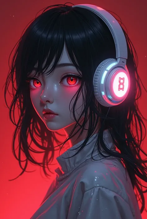 Create a profile picture of a female adolescent anime character with rouba white headphones and black hair with a symbol of the Exynos processor in the rouba and a dark red amoled background